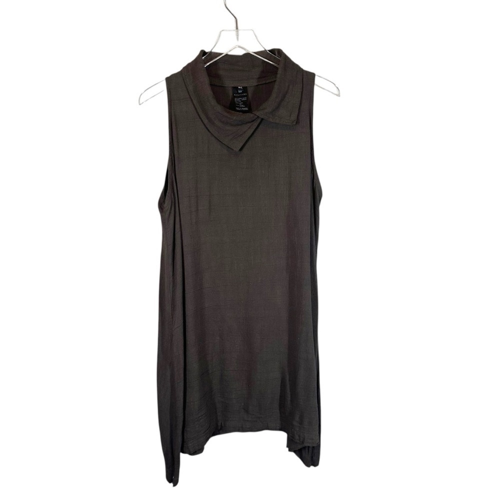 KALIYANA Women's M/L Brown Linen Sleeveless Assymetrical Cowl Neck Tunic Top